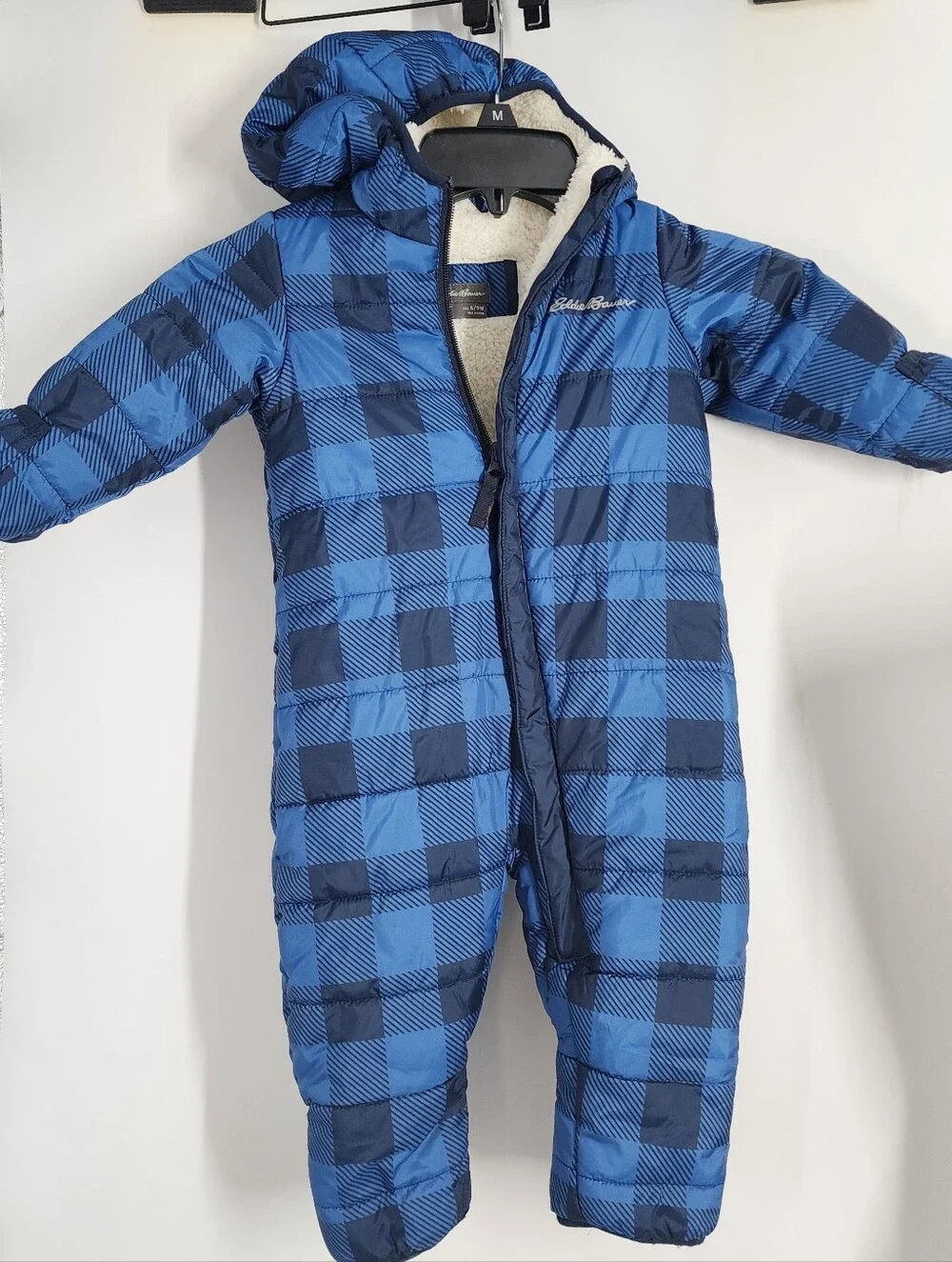 Eddie Bauer Size 6-9 MO Snow suit Fleece Linee Blue Plaid Hooded